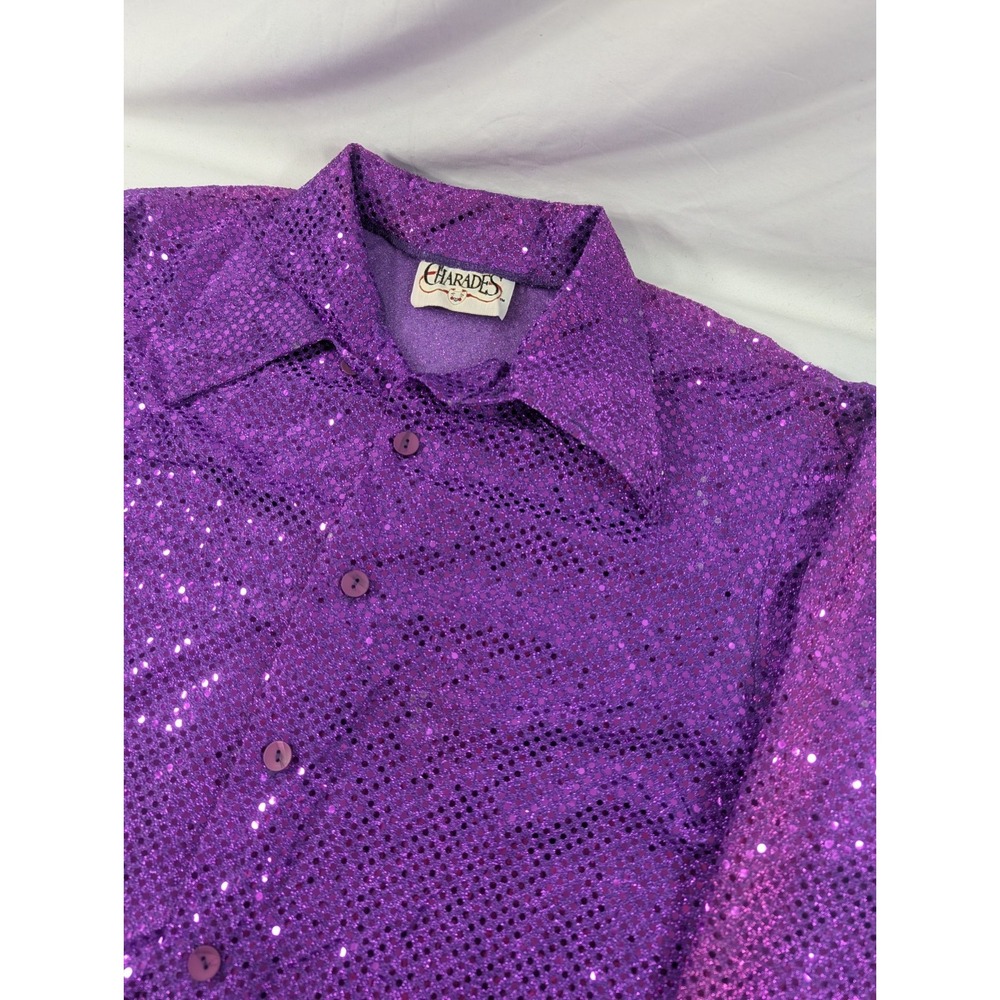 VINTAGE Charades Shirt Mens Med Purple Disco Ball Sequin Button Up Shiny USA